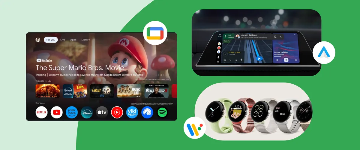 A Google TV showing channel options and a YouTube showing of The Super Mario Bros. Movie. Another panel shows a heads-up display with Google Maps via Android Auto on the screen. A third pill-shaped icon shows five Pixel smartwatches lined up.