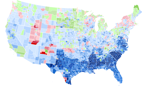 Results by county, shaded according to winning candidate's percentage of the vote