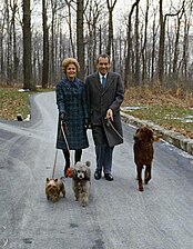 Richard e Pat Nixon passeando com seus cachorros em Camp David.