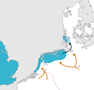   Position of North Sea Germanic dialects (Old English & Old Frisian) directly following the migration period.   Linguistic expansion of Old Frankish (1.) and Old Low German (2.).   10th/11th century migration of (Ems) Frisian speakers to the North German mainland (A.)