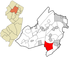 Location of Harding Township in Morris County highlighted in red (right). Inset map: Location of Morris County in New Jersey highlighted in orange (left).