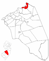 Location of Bordentown Township in Burlington County highlighted in red (right). Inset map: Location of Burlington County in New Jersey highlighted in red (left).