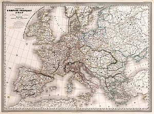 Map of the First French Empire in 1812, divided into 130 d�partements, with the kingdoms of Spain, Portugal, Italy and Naples, and the Confederation of the Rhine and Illyria and Dalmatia