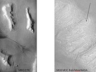 The arrow in the left picture points to a possibly valley carved by a glacier. The image on the right shows the valley greatly enlarged in a Mars Global Surveyor image.