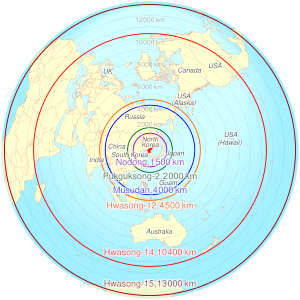 Estimated range of North Korean missiles as of 2015