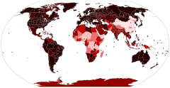 Map showing the prevalence of SARS-CoV-2 cases; black: highest prevalence; dark red to pink: decreasing prevalence; grey: no recorded cases or no data