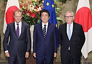 Tusk meeting with European Commission President Jean-Claude Juncker and Japanese Prime Minister Shinzo Abe, July 2018