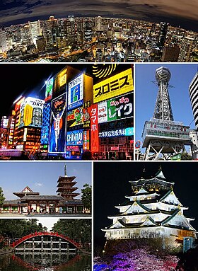 Do topo, à esquerda: Edifício Umeda Sky, Dōtonbori, Tsūtenkaku, a ponte Taikobashi, Templo de Shitennoji, o santuário xintoísta de Sumiyoshi-taisha, e o Castelo de Osaka