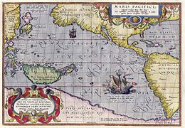 Maris Pacifici by Ortelius (1589). One of the first printed maps to show the Pacific Ocean[38]