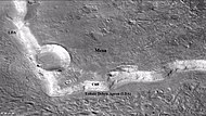 Wide view of mesa with CTX showing Cliff face and location of lobate debris apron (LDA). Location is Ismenius Lacus quadrangle.