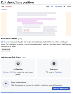 Screenshot showing the Edit Check false positive reporting page