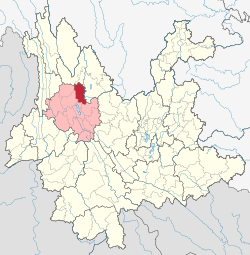 Location of Heqing County (red) and Dali Prefecture (pink) within Yunnan province