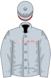 Gray silks with red trim on helmet brim and "CHROME" in red outlined letters on the rider's chest