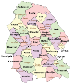 Location of Izeh County in Khuzestan province (top right, green)