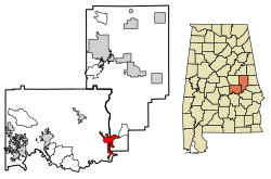 Location of Tallassee in Elmore County and Tallapoosa County, Alabama.