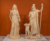 Syncretic (blended-beliefs) gods Persephone-Isis and Hades-Serapis, with the latter on the right wearing a modius