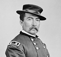 Old picture of an American Civil War general with odd hat