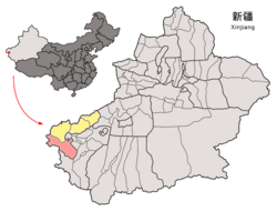 Location of the county (red) in Kizilsu Prefecture (yellow) and Xinjiang