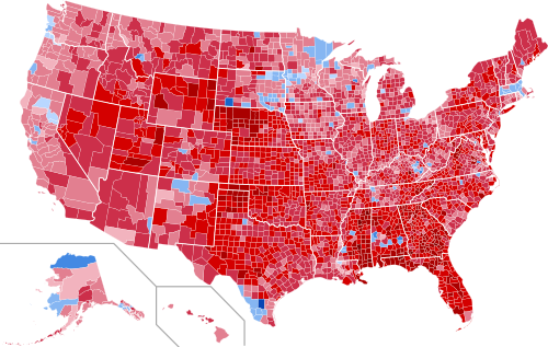 Results by county, shaded according to winning candidate's percentage of the vote