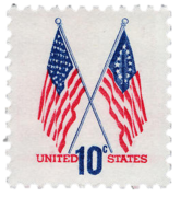 10� stamp released in 1973, showing a 50-star flag and a Betsy Ross flag together, to commemorate the United States Bicentennial.[76]