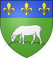 Arms of Betpouey, France: vert a sheep pascuant, on a chief azure three fleurs de lys Or