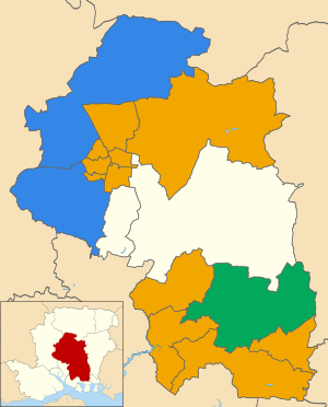 Map showing the wards of the Winchester City Council area coloured according to the winner in the 2024 local elections - with 11 Liberal Democrat wards coloured orange, 2 Conservative wards in blue and 1 Green Party ward in green. Two wards (Colden Common & Twyford and Upper Meon Valley) remain uncoloured since they did not have elections.