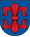 A coat of arms depicting a large, red fleur-de-lis that has a horizontal symmetry axis all on a blue background bordered by a black line