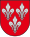 A coat of arms depicting three grey fleurs-de-lis, two directly across from each other at the top and one on the bottom, all on a red background