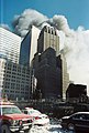 WTC 7 burning behind the Barclay–Vesey Building