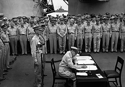 Douglas MacArthur signs the Japanese Instrument of Surrender, by the United States Navy