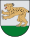 A coat of arms depicting a golden lynx with black spots, a red tongue, white teeth, and white claws standing on its back paws on green turf