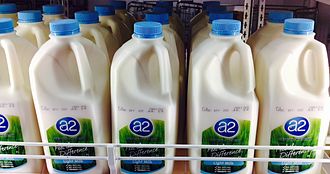 a photo of 2L bottles of A2 milk inside a supermarket fridge.