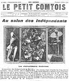 (center) Jean Metzinger, c. 1913, Le Fumeur (Man with Pipe), Carnegie Museum of Art, Pittsburgh; (left) Alexander Archipenko, 1914, Danseuse du Médrano (Médrano II), (right) Archipenko, 1913, Pierrot-carrousel, Solomon R. Guggenheim Museum, New York. Published in Le Petit Comtois, 13 March 1914