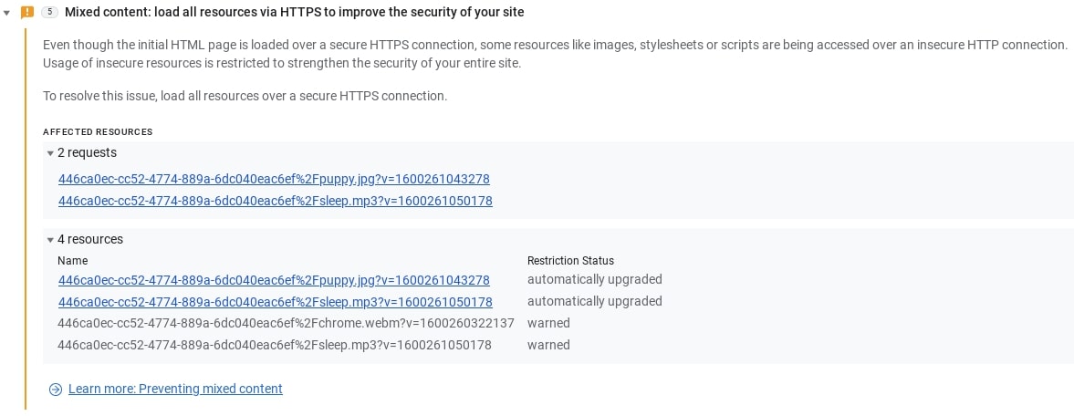 The Issues tab in Chrome DevTools shows detailed information about the specific mixed content issue and how to fix it