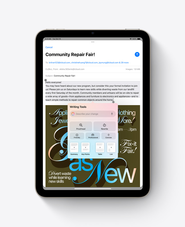 Apple Intelligence Writing Tools feature in Mail on iPad mini.