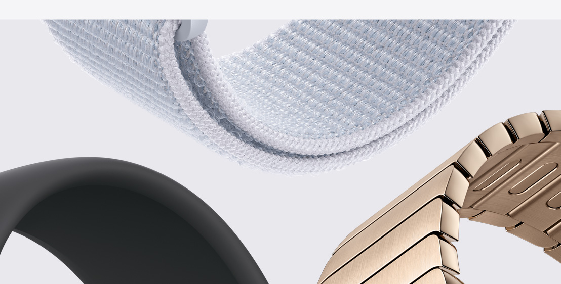 Drei verschiedene Apple Watch Armbänder. Ein Geflochtenes Solo Loop in Warmgelb, ein Sportarmband in Hellblau und ein Armband mit Magnetverschluss in Taupe.