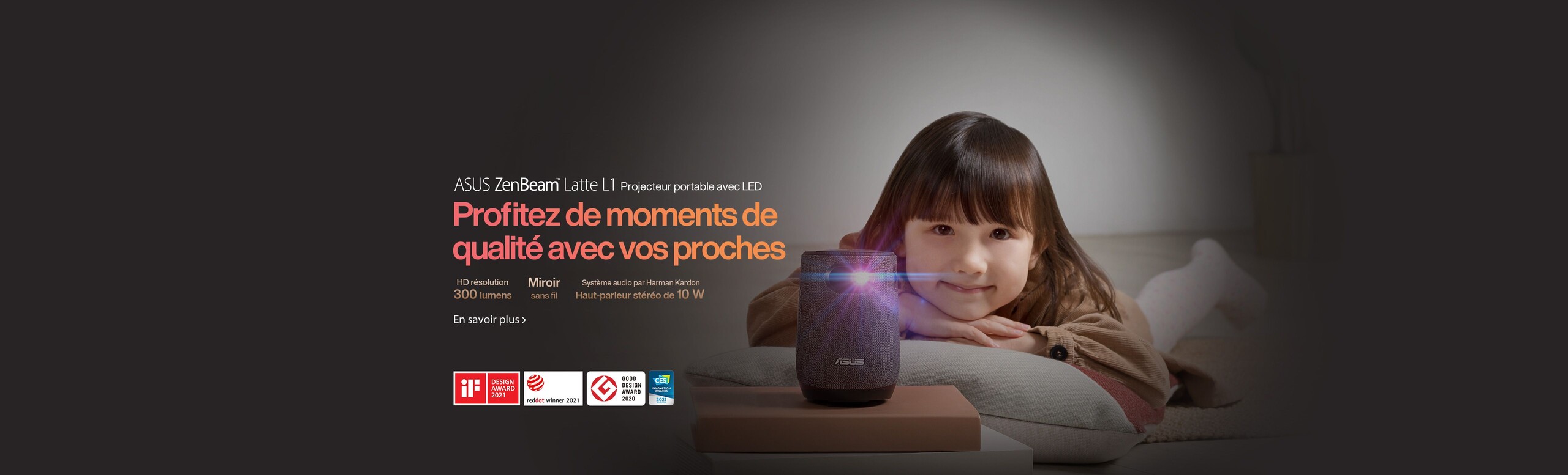 ZenBeam Latte L1 Projecteur portable avec LED Profitez de moments de qualité avec vos proches HD résolution 300 lumens miroir sans fil système audio par Harman Kardon  Haut-parleur stéréo de 10 W