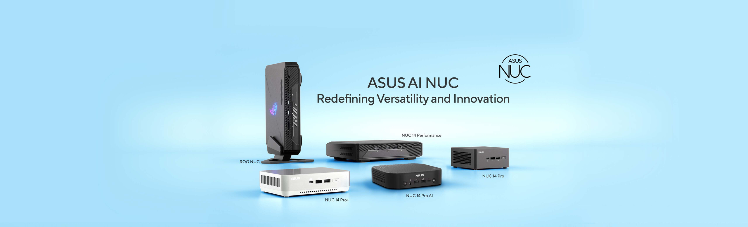 ASUS AI NUC family photo including NUC 14 Pro, NUC 14 Pro+, NUC 14 Performance, NUC 14 Pro AI, and ROG NUC.