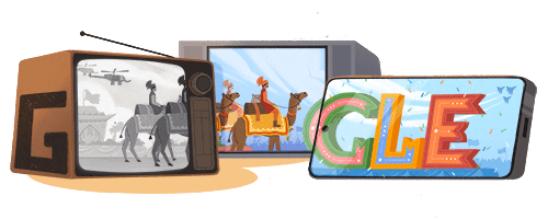 Illustration of two TVs and a phone with a parade on each screen going from back and white to color.  The Google logo is also on screen.