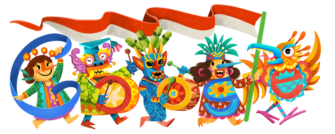 Illustration of 5 people in colorful costumes in a parade line with the Google letters interwoven