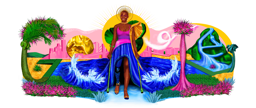 llustration of Mama Cax prominently centered in a scene composed of collaged elements of her life with the "GOOGLE" logo abstractly incorporated. Mama Cax has brown skin, a shaved head with a gold headband resembling a halo, and is wearing a vibrant pink and blue dress. She is smiling brightly, walking forward with forearm crutches and a sparkly blue prosthetic leg. Her dress extends outwards into an ocean with the Brooklyn skyline, an airplane, and large sun in the background. Palm trees and foliage are scattered throughout and a green mountain with a stream is positioned on the right. 