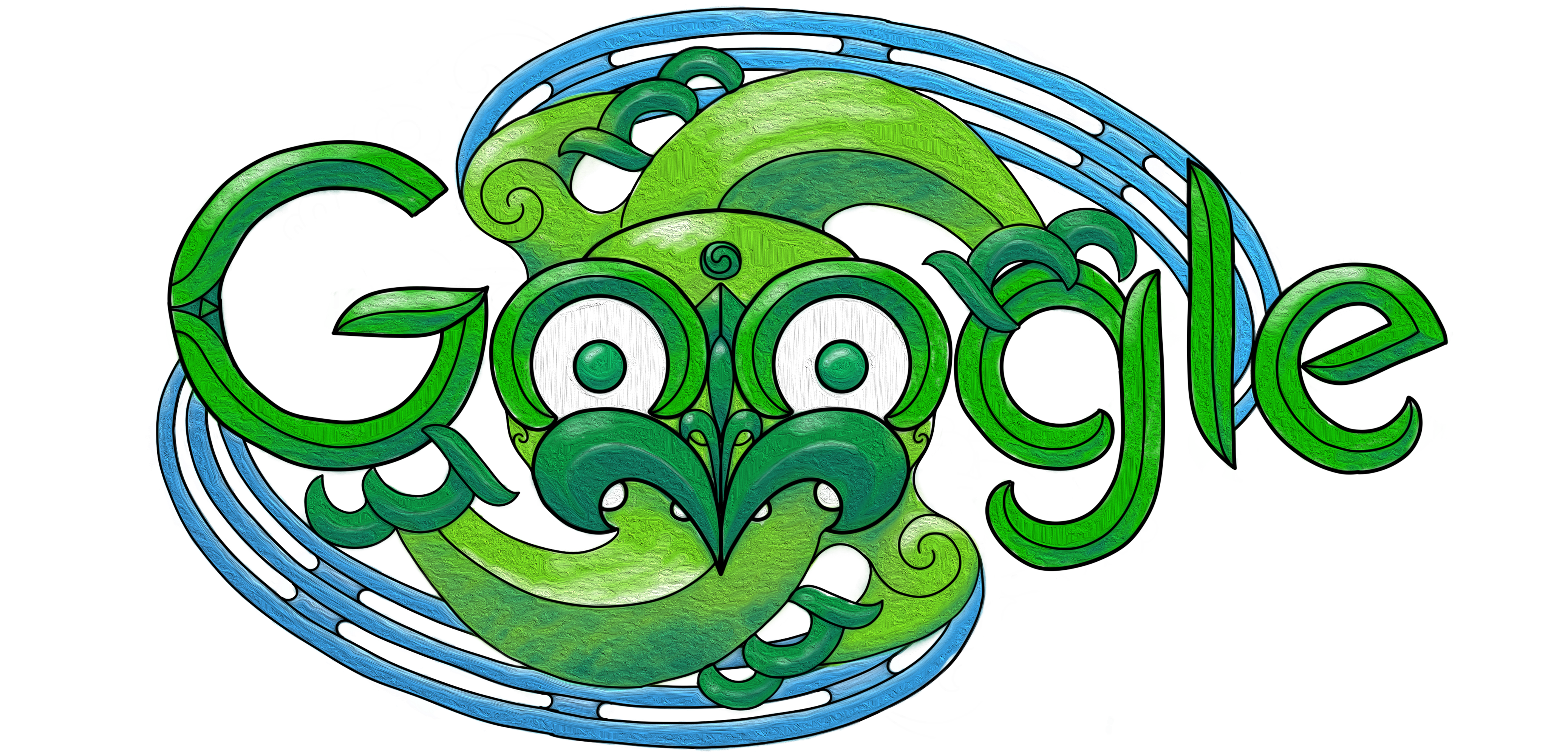 Illustration of the "GOOGLE" logo in Māori-inspired design. The illustration is entirely green with blue accents extending outwards.