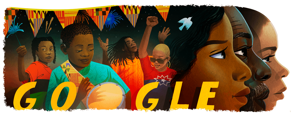 Illustration of Black Americans gathered in celebration. Four people of various ages dance in the background with heads overhead and a small boy with a Cochlear implant drumming in front. Three people's profiles are lined up on the right side with a white dove flying overhead. Colorful yellow, red, orange, and black patterned triangle flags hang at the top of frame. The Google logo sits at the bottom of frame with the boy's drum standing in for the second "O".