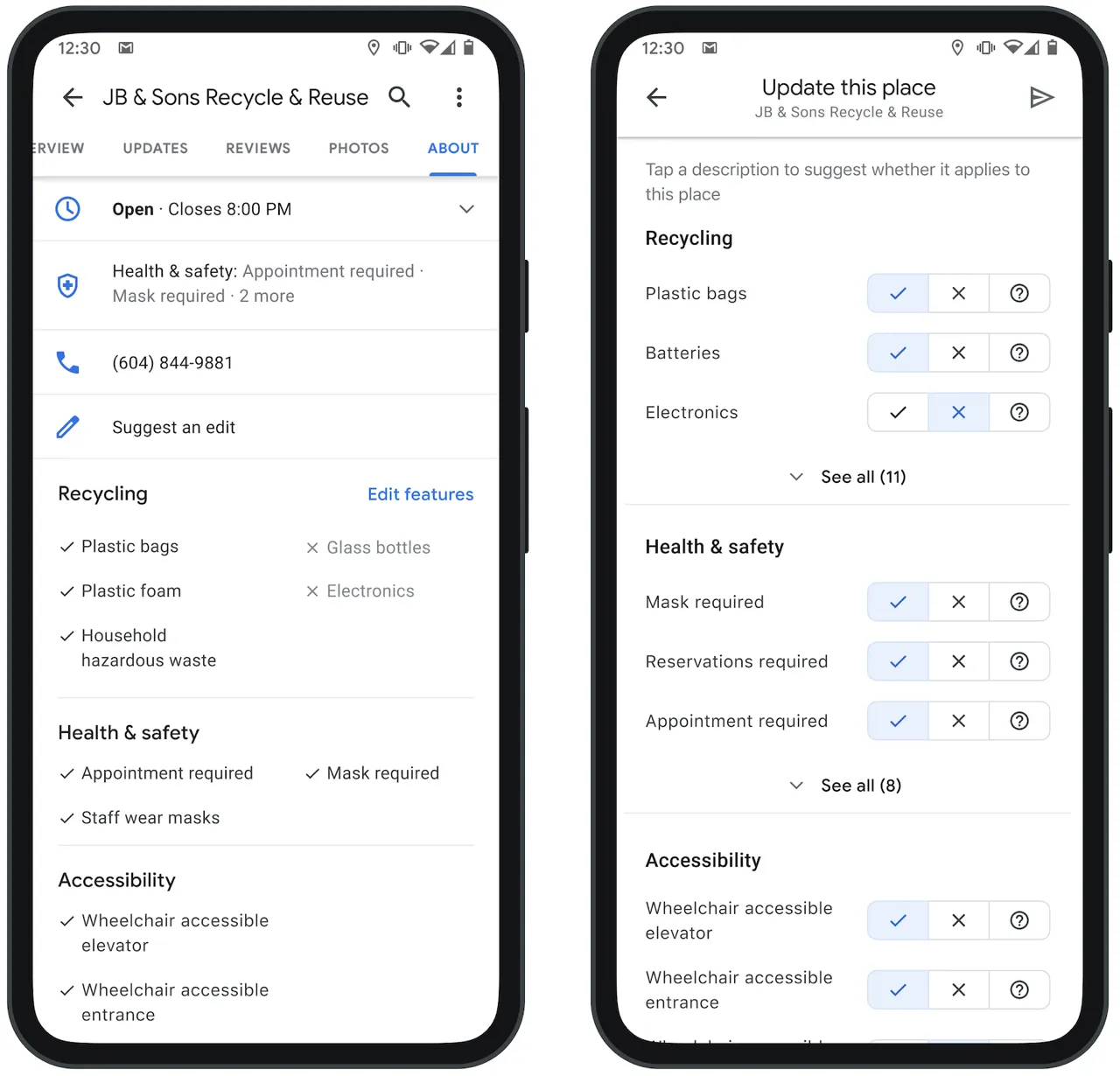 UI showing recycling attributes added to Business Profiles.