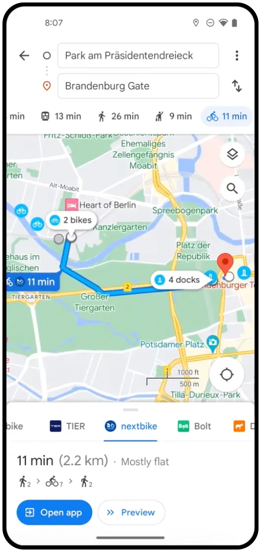 UI of bike and scooter share options in Google Maps