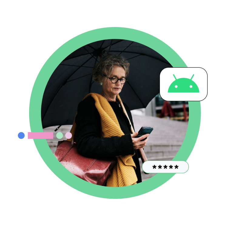 휴대전화를 들고 있는 여성의 사진과 Android 로고 삽화 및 난독화된 비밀번호의 아이콘