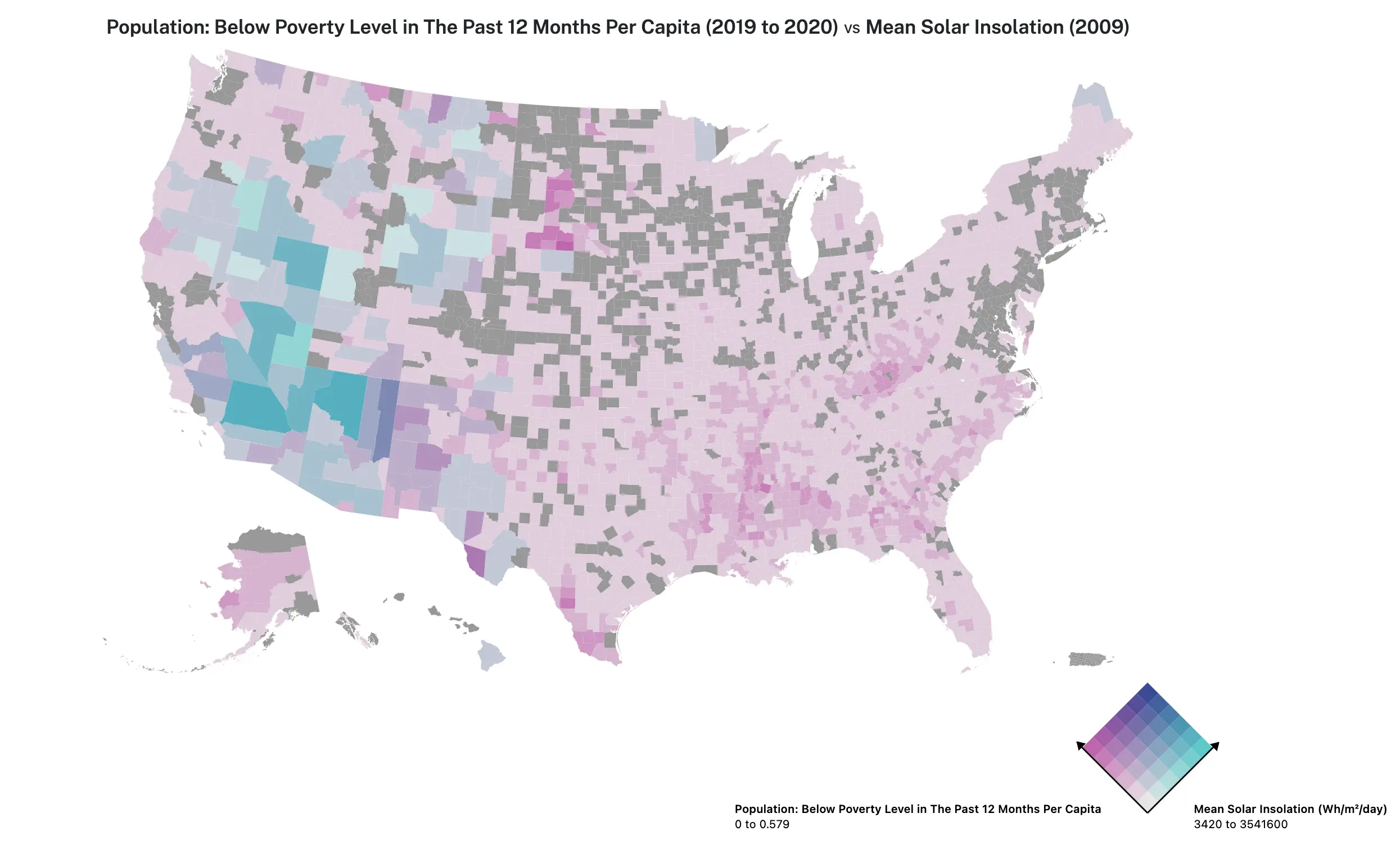 Map of the United States with shades of purple, blue and grey to represent data for where renewable investment can have maximal impact — Solar Energy Potential vs. Poverty