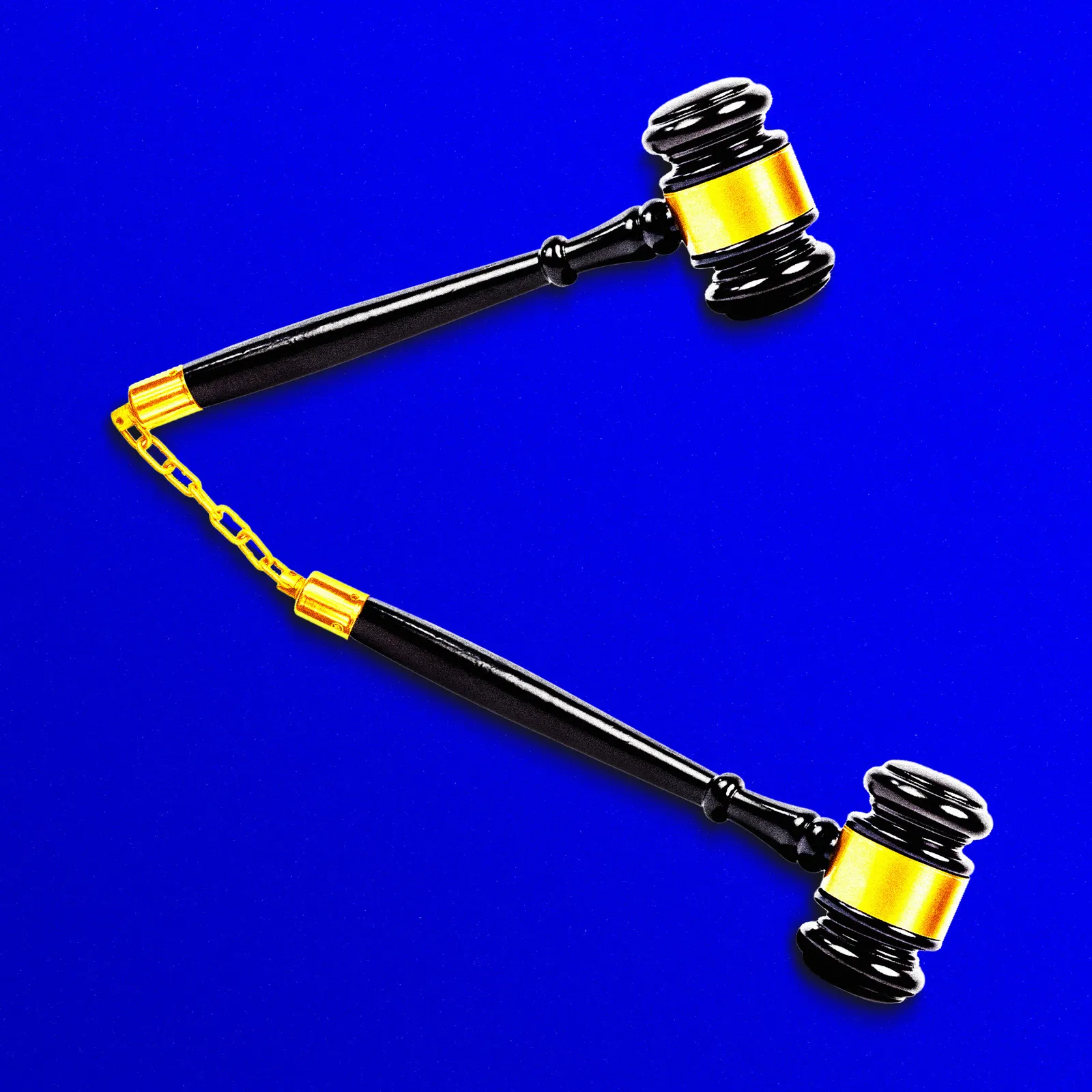 A illustration of two gavels that are linked at the bottom by a gold chain, resembling nunchucks