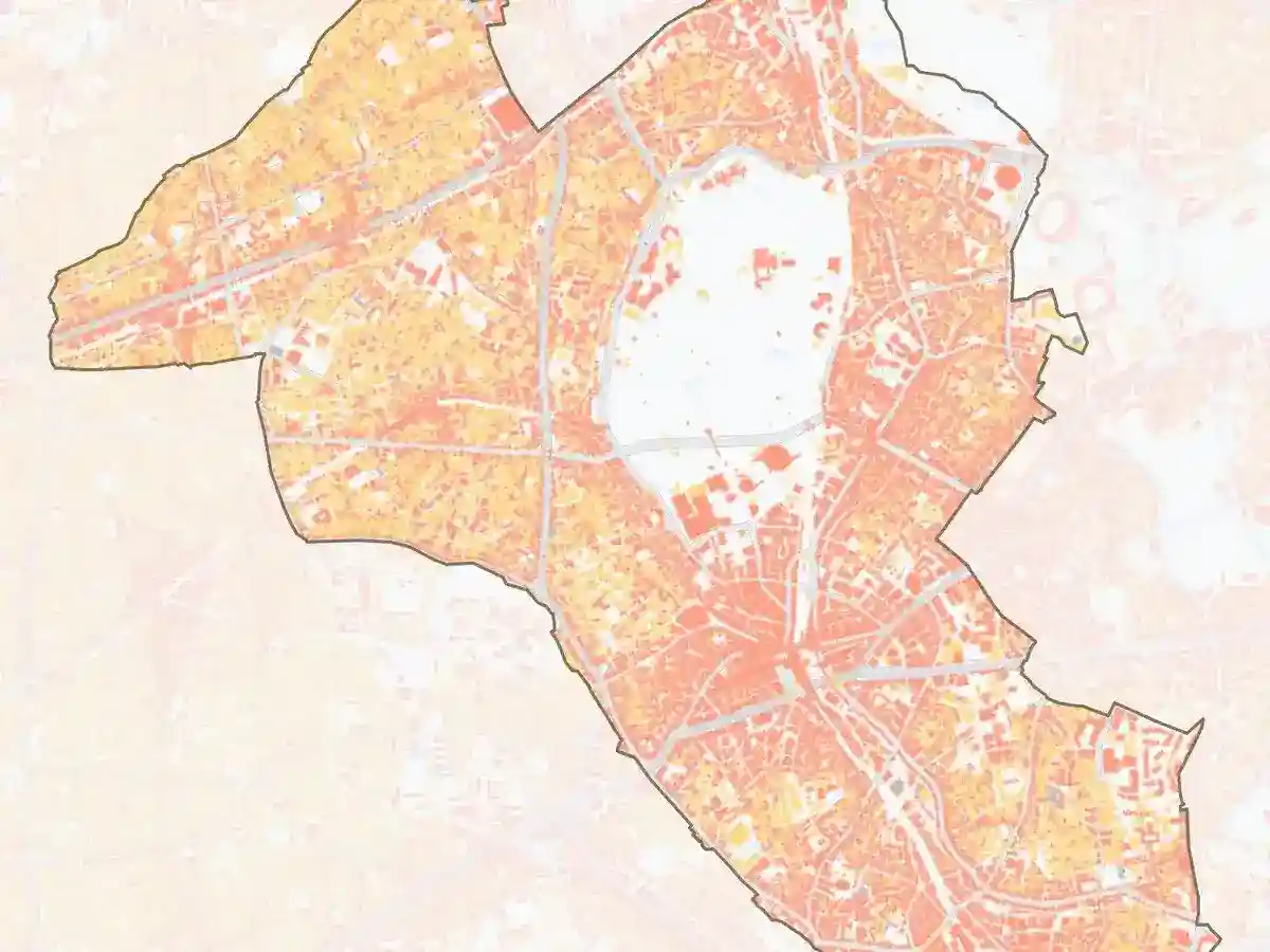 Aerial photo of a city block with trees and data tags for tree canopy, solar rooftop potential, air quality, transportation emissions, and building emissions.