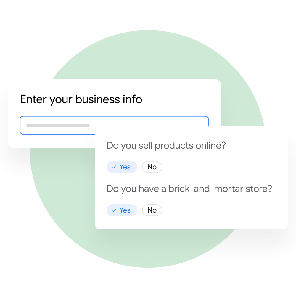 User interface demonstrating a user prompted to answer questions about their business in Merchant Center.